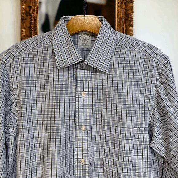 Brooks Brothers Mens size neck 15  Small Blue white plaid button up shirt - Picture 1 of 11